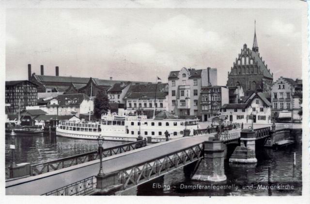 Elbing - Dampferanlegestelle und Marienkirche
